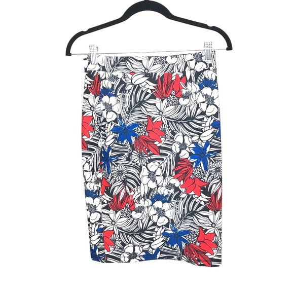 Women’s Tropical Floral Pencil Skirt • Red Blue Black White Print - Picture 1 of 15